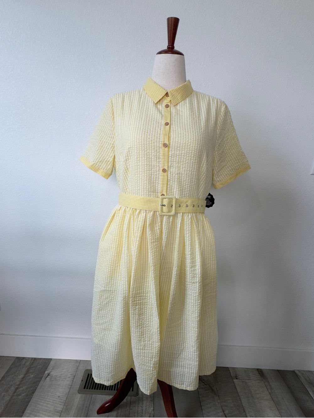 Joanie Clothing Button-Front Pale Yellow Belted Shirt Midi Dress